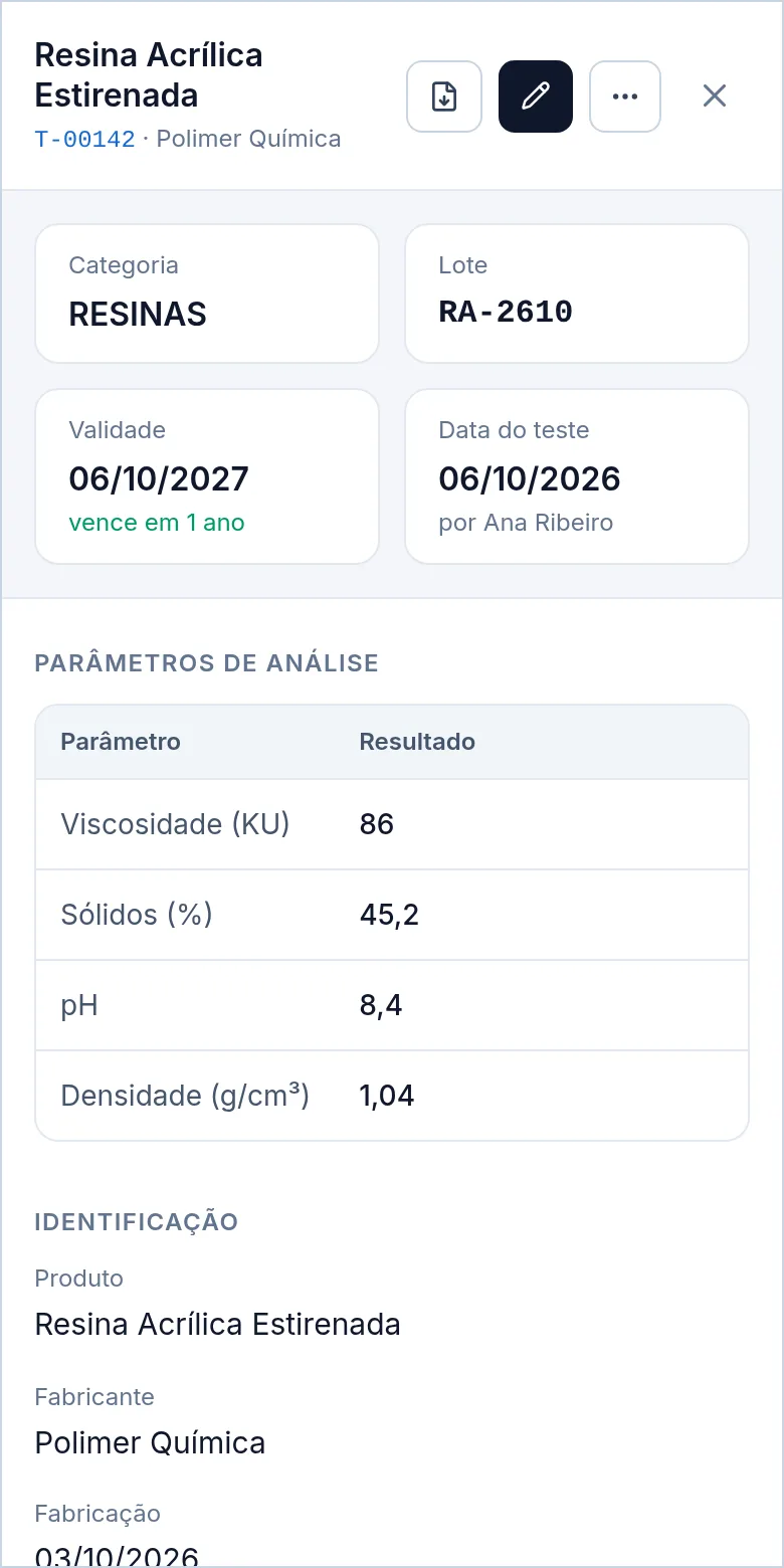 Ficha técnica de um teste aberta no celular